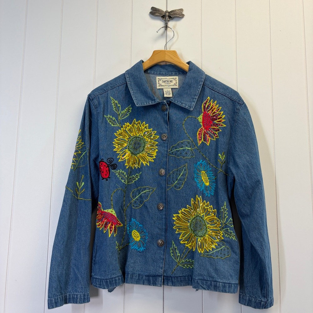 Vintage Tantrums Whimsical Beaded Denim Jacket Women Size S Ladybug Cottage Boho